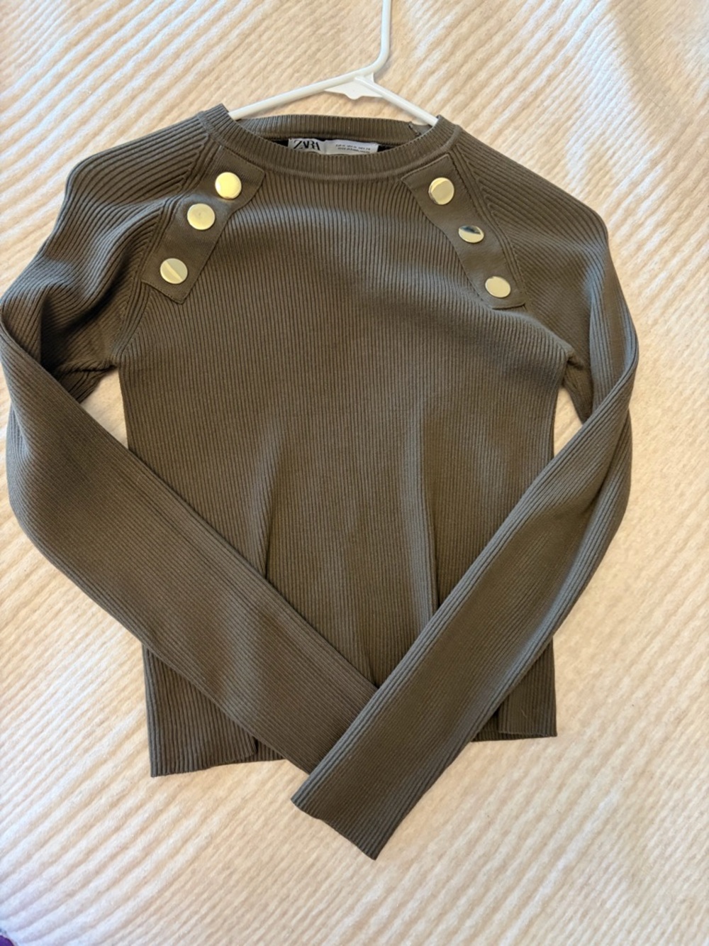 Zara Olive Ribbed Long-Sleeve Top with Gold Buttons